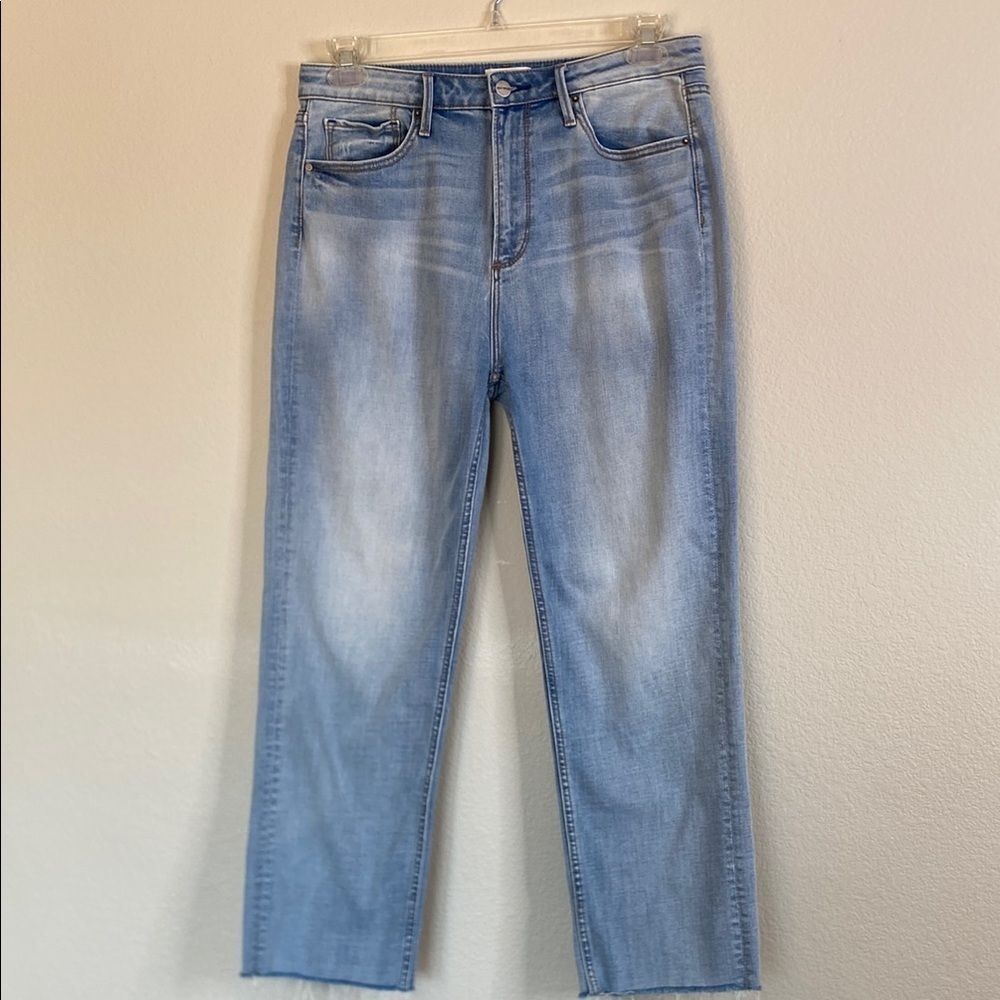Driftwood Royce high rise straight leg frayed end jeans EUC 30x27”